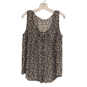 Quintessential Black Floral Sheer Sleeveless V-Neck Button Front Tank Top Size L
